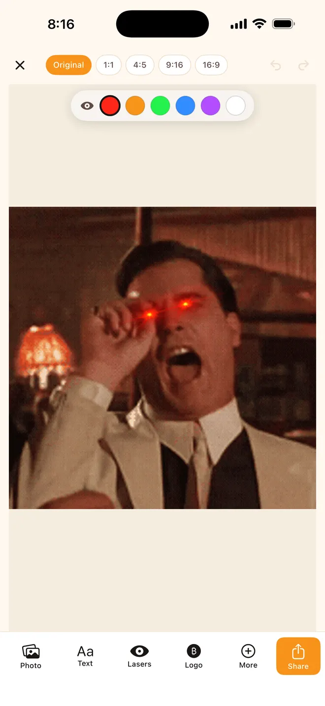Laughing Liotta GIF meme with laser eyes and the laser color picker