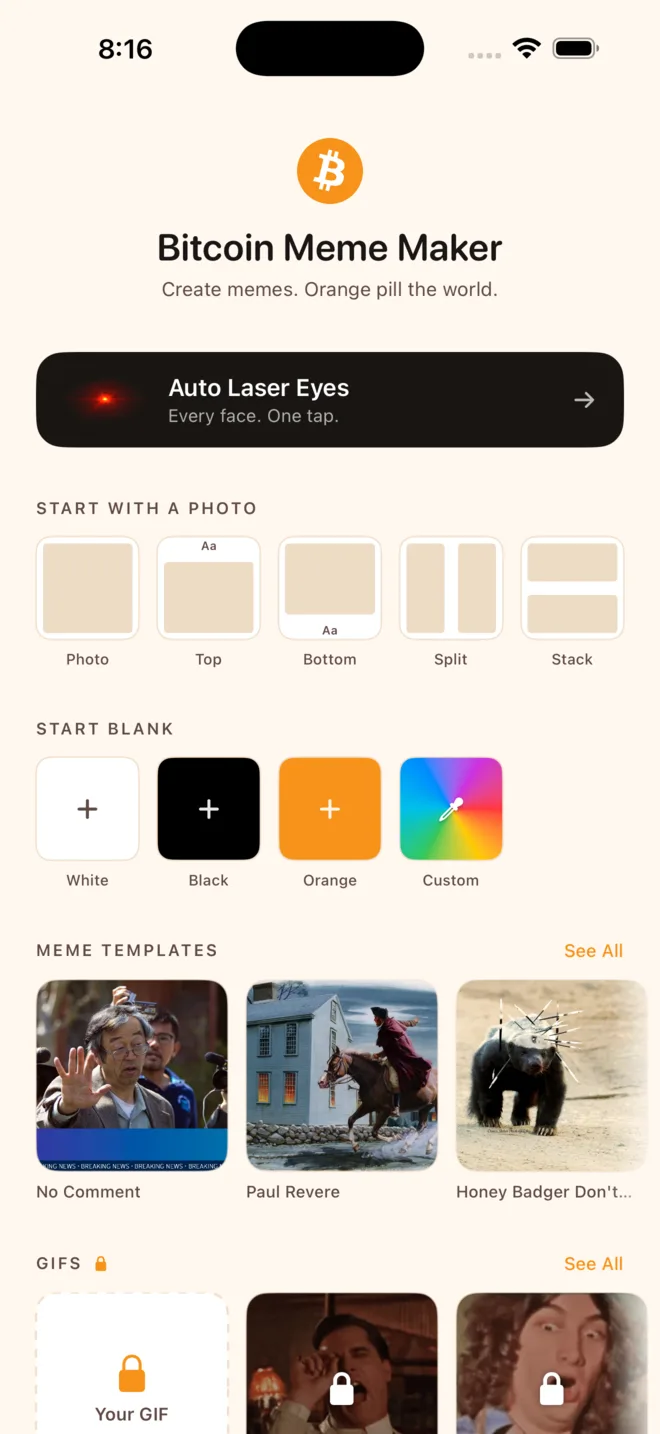 Bitcoin Meme Maker home screen with Auto Laser Eyes, templates, and GIFs