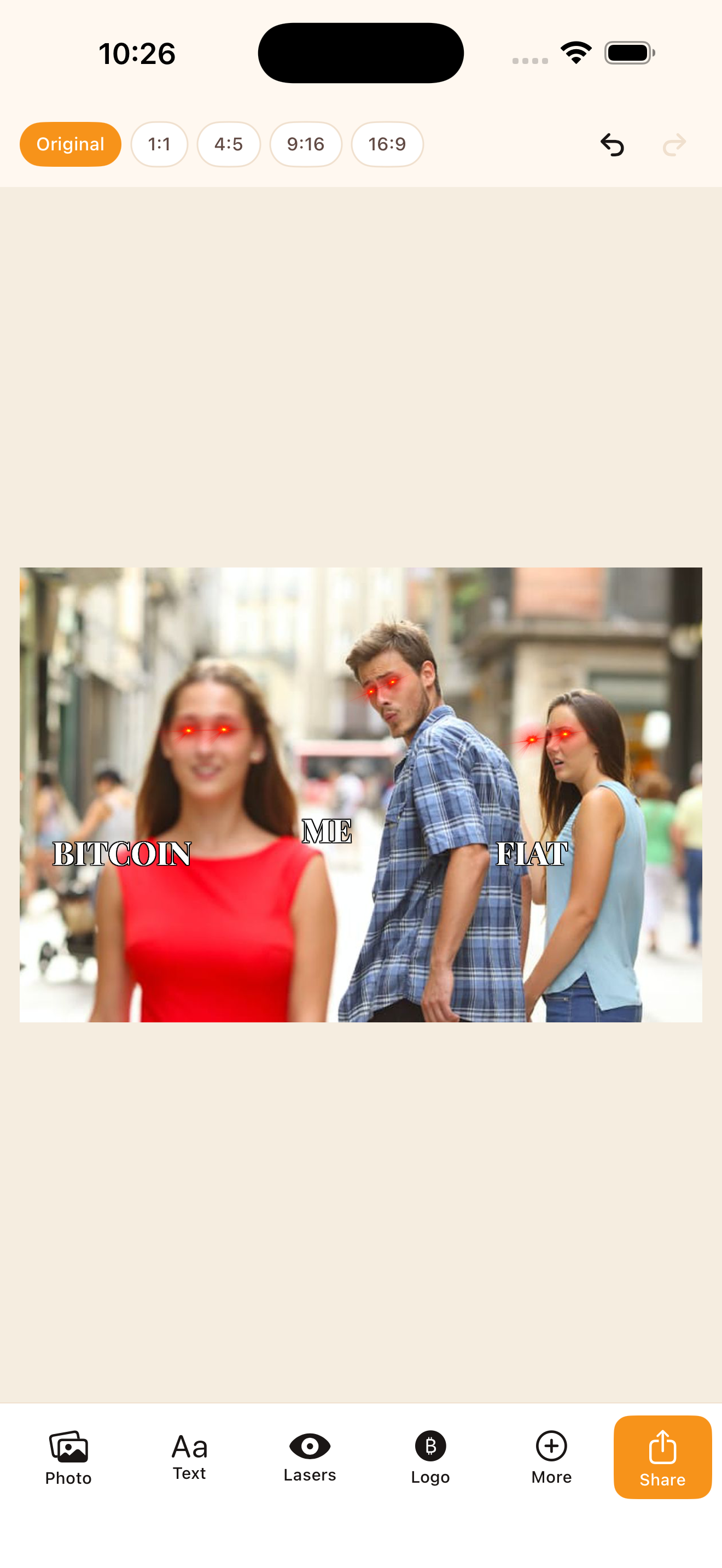 Bitcoin Meme Maker editor with auto laser eyes placed on every face in a photo