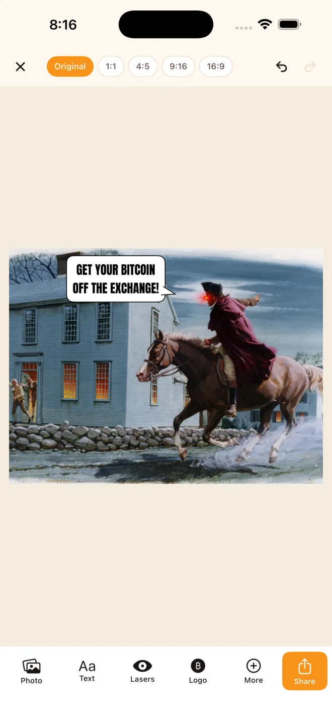 Paul Revere meme with a speech bubble reading Get your Bitcoin off the exchange